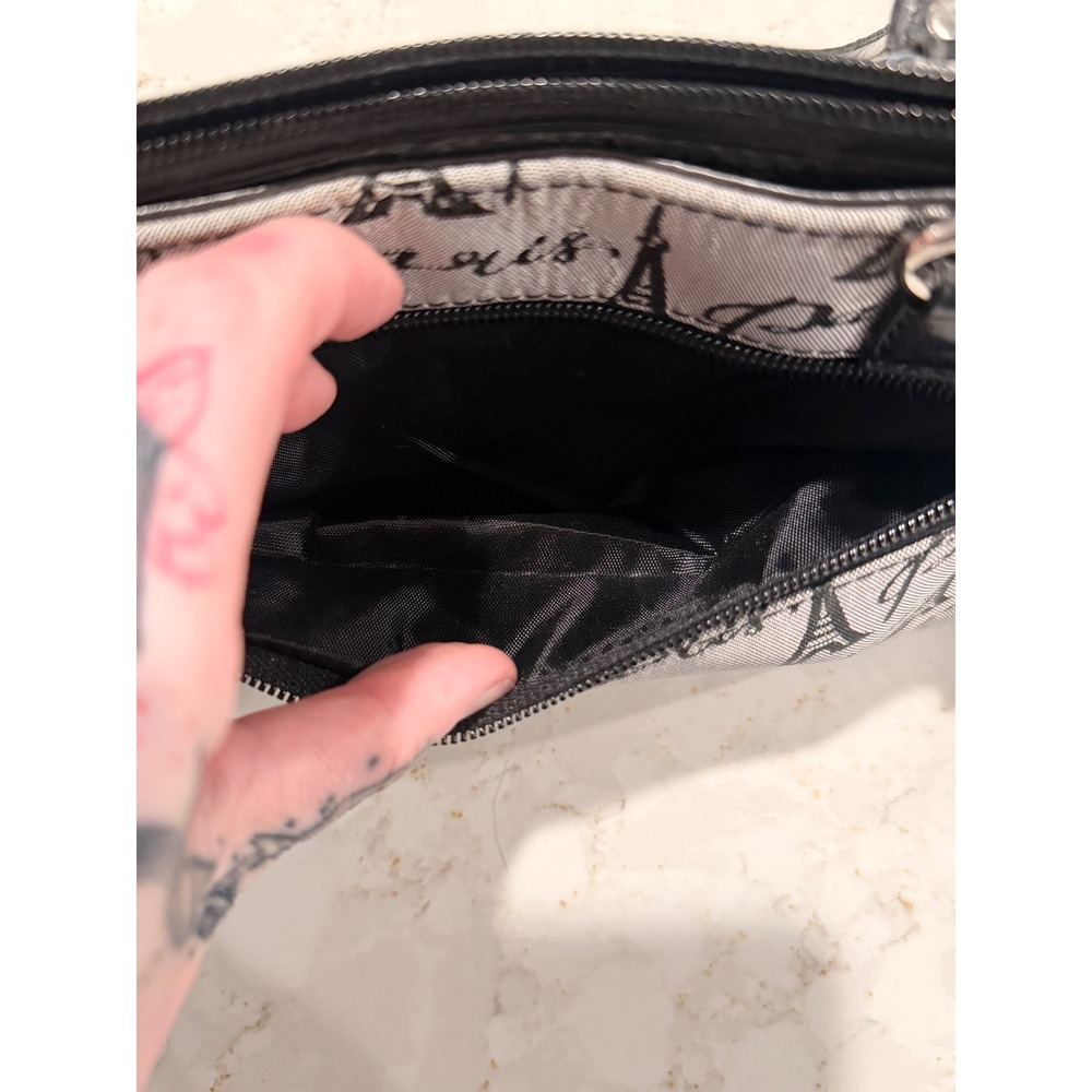 Y2K 2000s Paris Eiffel Tower Print Mini Shoulder Bag Grey Black Baguette Purse - Picture 4 of 10